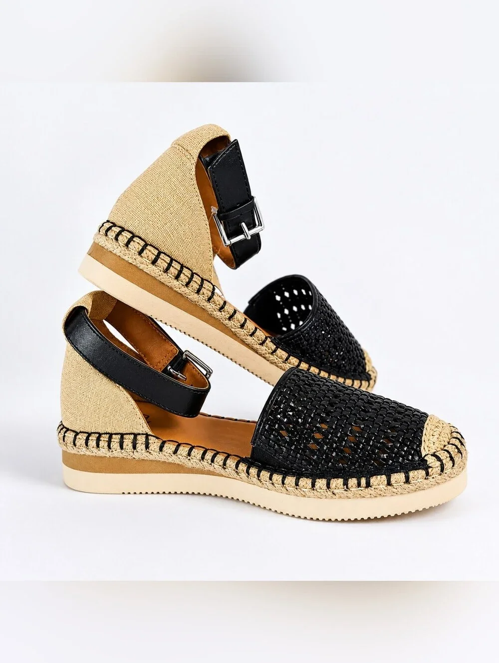 a.n.a. Clara Woven Espadrille Sandals Black Beige Ankle Strap Size 6.5 Bohemian